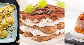  Ravioli de Ricota e Espinafre com nozes e laranja - Divulgação; Tiramisù - Divulgação; e ; Abacaxi caramelizado ao creme de coco - Divulgação