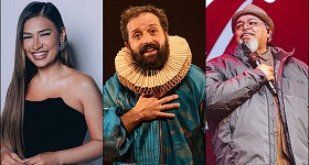 Simone Mendes, Gregorio Duvivier e Jorge Aragão no palco do Espaço Unimed em janeiro - Montagem Divulgação