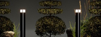  Balizadores com LED integrado da Yamamura Collection. As peças possuem um painel solar que capta energia ao longo do dia e a armazena na bateria presente na luminária. / Divulgação