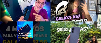     A imagem mostra a thumb de vídeos de quatro youtubers falando sobre primeiras impressões do Galaxy A57 5G. (Da esquerda para a direita) O primeiro é o youtube Felipe Becker, a segunda é Kah Nogueira, o terceiro é Rodrigo Toledo e a quarta é Joy Macedo.