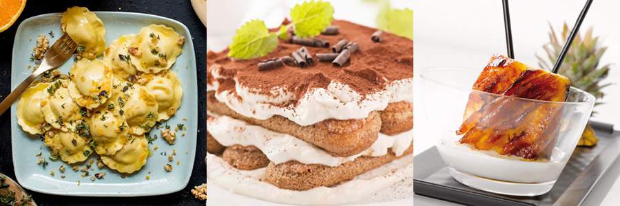  Ravioli de Ricota e Espinafre com nozes e laranja - Divulga&ccedil;&atilde;o; Tiramis&ugrave; - Divulga&ccedil;&atilde;o; e ; Abacaxi caramelizado ao creme de coco - Divulga&ccedil;&atilde;o