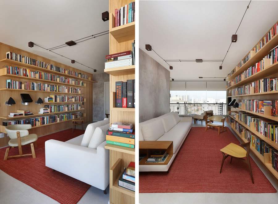 O ref&uacute;gio particular do dono deste im&oacute;vel &eacute; a sua pr&oacute;pria sala de estar &ndash; ou, melhor: sua sala de leitura. Seis prateleiras longas comp&otilde;em a estrat&eacute;gia de Ai&ecirc; Tombolato para garantir que o morador tivesse sua personalidade refletida no d&eacute;cor | Projeto: Ai&ecirc; Tombolato | Fotos: Mariana Orsi