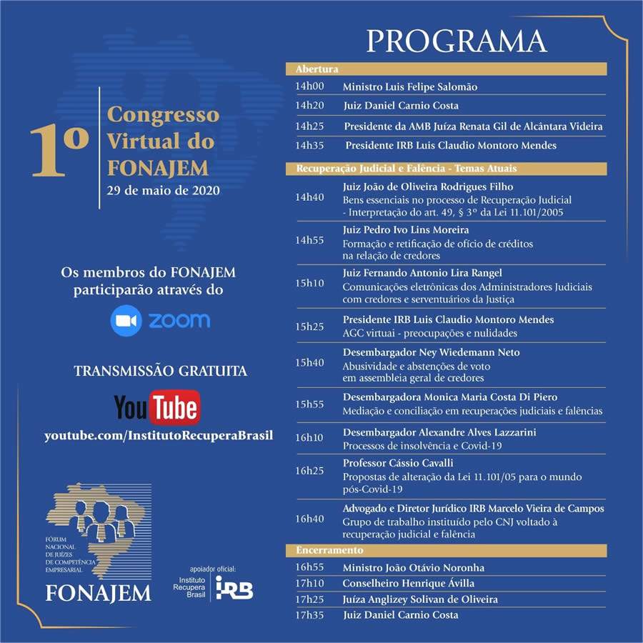 Fórum Nacional de Juízes de Competência Empresarial (FONAJEM) promove 1º Congresso Virtual