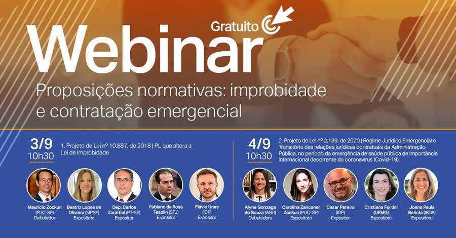 Webinar gratuito &quot;Proposições normativas: improbidade e contratação emergencial&quot;