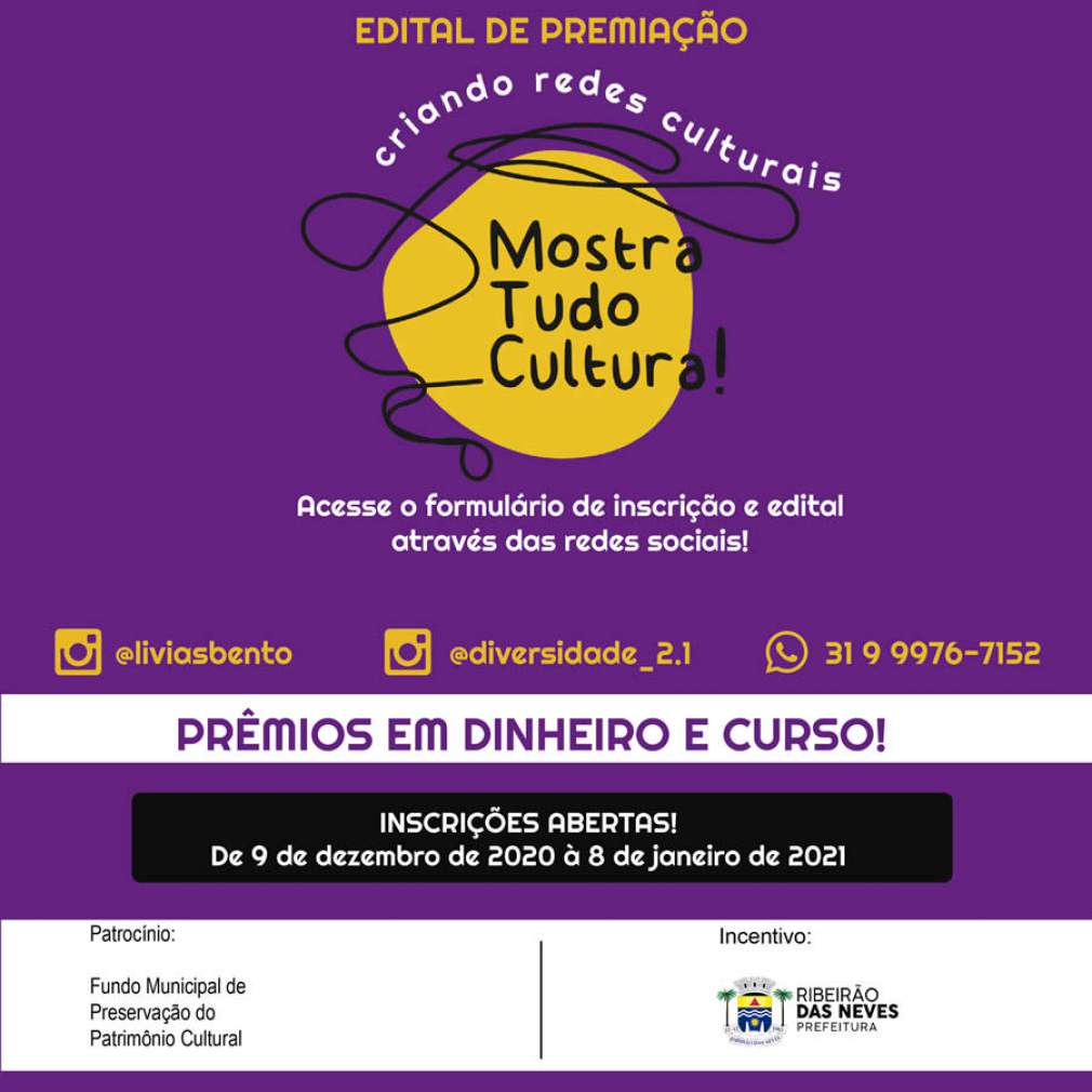 Mostra Tudo Cultura! vai premiar iniciativas culturais de Ribeirão das Neves!
