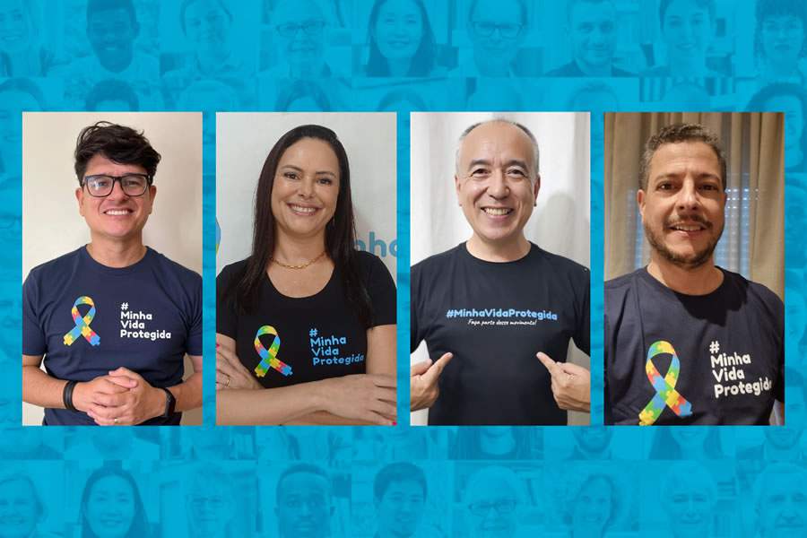 Foto: Embaixadores do movimento Minha Vida Protegida apoiam causa do autismo e de outras necessidades de cuidados. E/D: Andr&eacute; Peres, corretor de seguros; Erika Labiapari, s&oacute;cia de corretora de seguros; Luciano Tane, corretor de seguros; e Luiz Ricardo Ara&uacute;jo, historiador e professor de seguros