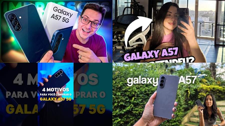  &nbsp;  A imagem mostra a thumb de v&iacute;deos de quatro youtubers falando sobre primeiras impress&otilde;es do Galaxy A57 5G. (Da esquerda para a direita) O primeiro &eacute; o youtube Felipe Becker, a segunda &eacute; Kah Nogueira, o terceiro &eacute; Rodrigo Toledo e a quarta &eacute; Joy Macedo.