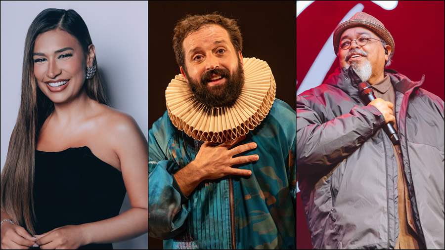 Simone Mendes, Gregorio Duvivier e Jorge Arag&atilde;o no palco do Espa&ccedil;o Unimed em janeiro - Montagem Divulga&ccedil;&atilde;o