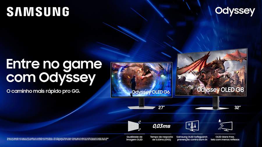 Monitores Odyssey OLED G6 e OLED G8, da Samsung, oferecem design, sofisticação e máxima performance para os gamers