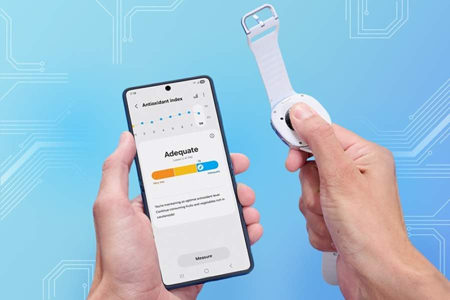 O recurso Avaliação de Antioxidantes da linha Galaxy Watch8 permite monitorar sua ingestão de antioxidantes ao medir os níveis de carotenoides na pele