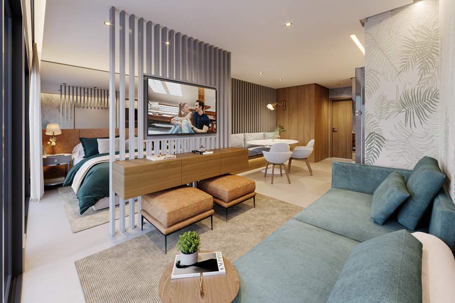 Empreendimento oferece apartamentos de um quarto - Proje&ccedil;&atilde;o - imagem ilustrativa