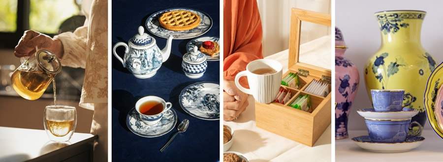 Itens para tornar tudo mais leve e agradável: bule com infusor da Oxford; jogo de chá da Baci Milano; organizar de sachês da OU e xícaras da 6F Decorações / Divulgação ABUP