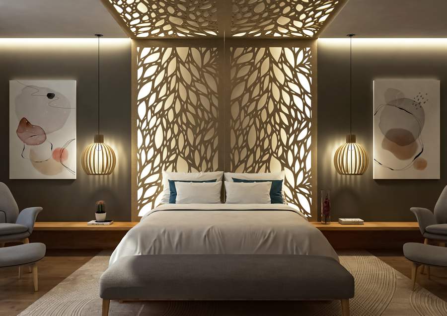 Neste quarto, a Trisoft mostra diversos usos que seus produtos podem assumir em um projeto residencial. Com cobog&oacute;s na cabeceira, quadros da linha Revest Decor e lumin&aacute;ria ac&uacute;stica as quest&otilde;es de absor&ccedil;&atilde;o ac&uacute;stica foram resolvidas, contribuindo para um ambiente mais agrad&aacute;vel, elegante e equilibrado. |Projeto: Trisoft | Foto: Divulga&ccedil;&atilde;o Trisoft