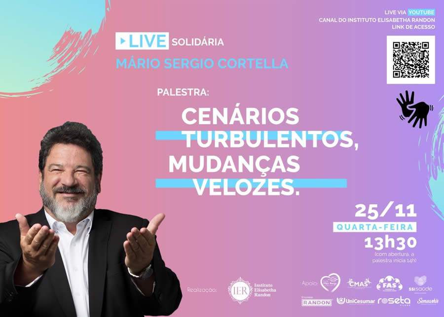 Nesta quarta-feira, Mario Sergio Cortella ministra live Cenários Turbulentos, Mudanças Velozes