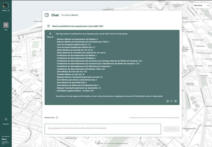 Resposta do Chat Plano Diretor Florian&oacute;polis elaborada a partir do uso de intelig&ecirc;ncia artificial.