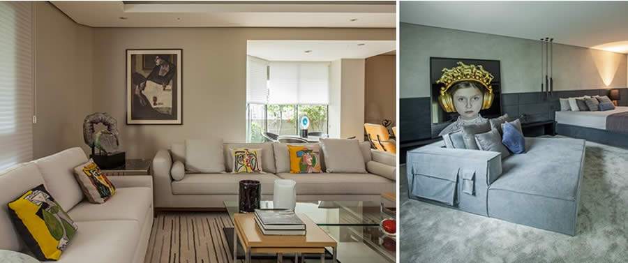 &Agrave; direita, a sala de estar assinada por Karina Korn &eacute; praticamente uma galeria, repleta de quadros e esculturas. Do lado esquerdo, um projeto contempor&acirc;neo e minimalista com destaque para a tela da artista Adriana Duque | Foto: Eduardo Pozella