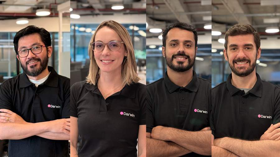  Edson Toguchi (CEO da Darwin Seguros), Samantha Sampaio (Marketing, Digital e Estrat&eacute;gia Comercial), Jo&atilde;o Duarte (Tecnologia e Opera&ccedil;&otilde;es) e Anderson Concei&ccedil;&atilde;o (respons&aacute;vel t&eacute;cnico): lideran&ccedil;a da Darwin em momento de expans&atilde;o da companhia para Ramos Corporativos