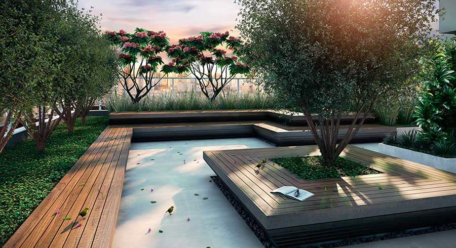 Projeção do Planet Consciente Garden, prédio da Consciente que investe nas áreas verdes em Goiânia