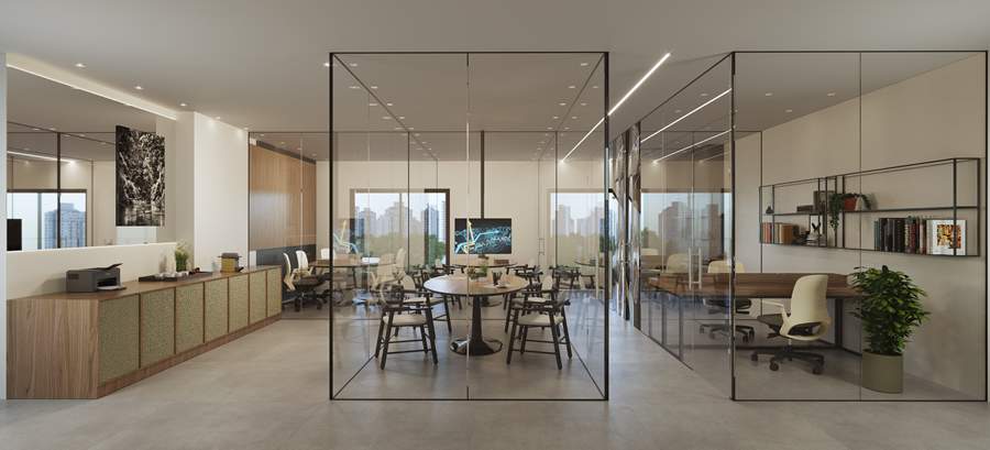 Residencial Deck 23 by Opus ter&aacute; um espa&ccedil;o compartilhado de coworking na &aacute;rea comum com salas para uso individual e reuni&otilde;es - Divulga&ccedil;&atilde;o Opus Incorporadora