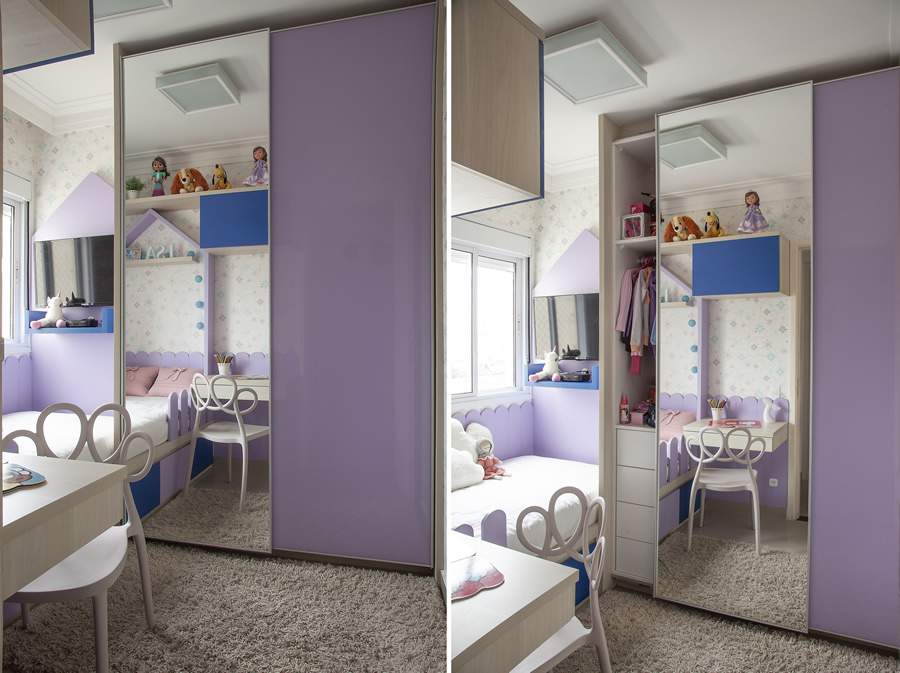 O arm&aacute;rio com porta de correr foi a escolha da Tesak Arquitetura para otimizar o espa&ccedil;o desse quarto. O espelho que reveste uma das portas permite que a crian&ccedil;a se veja de corpo inteiro. Foto: Luis Gomes