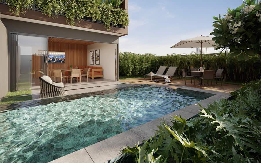 Gyro O2 terá dois espaços chamados Gyro 4U, com piscina privativa, churrasqueira e cozinha gourmet, para moradores receberem seus convidados Divulgação Opus Incorporadora