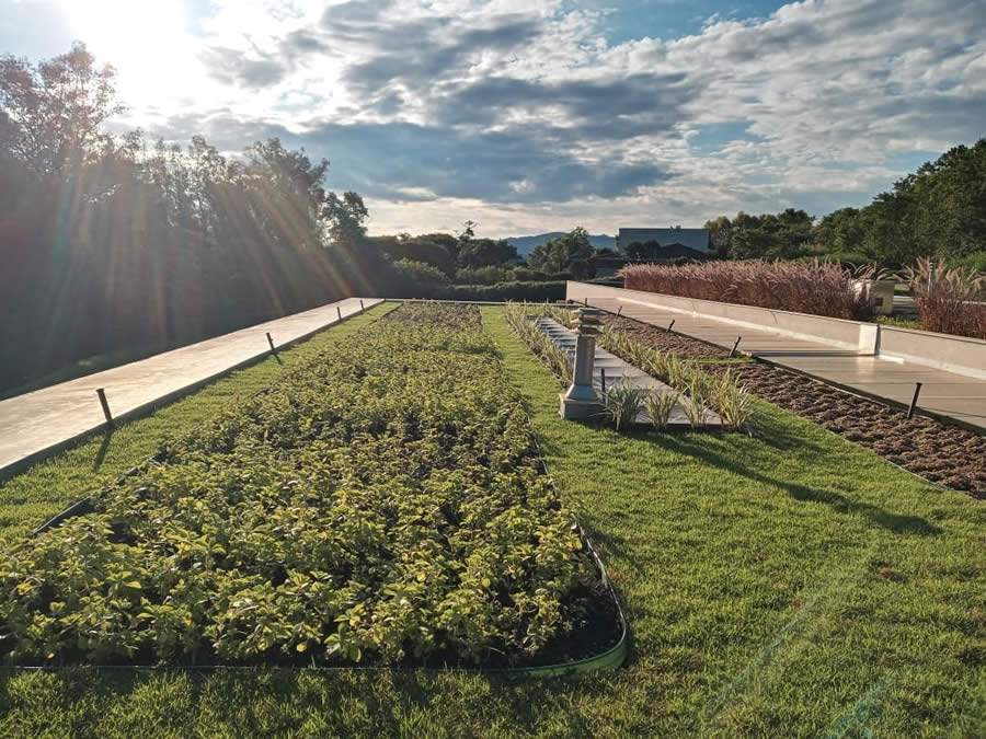 Telhado verde em um condom&iacute;nio residencial que preza pela sustentabilidade e o contato com a natureza
