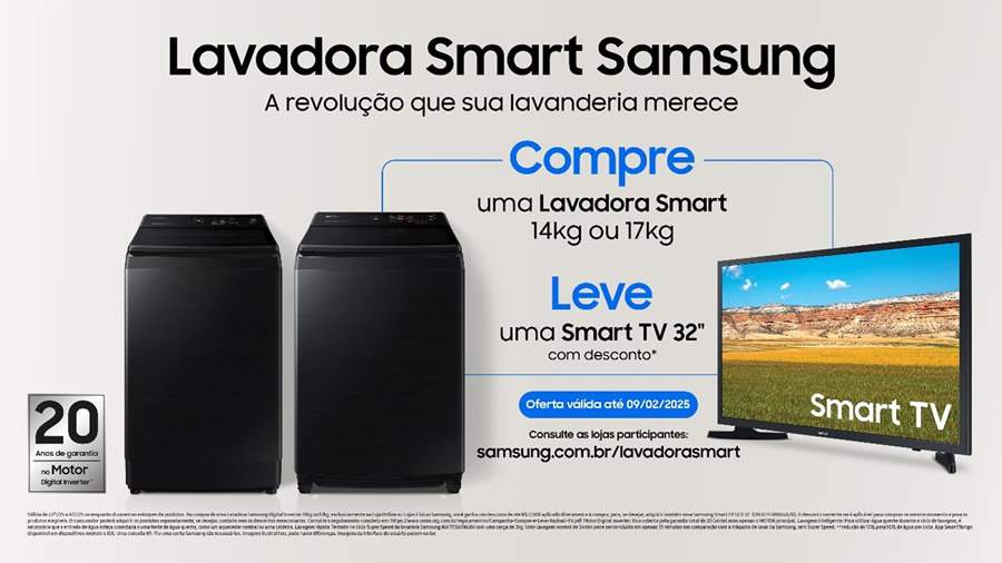Últimos dias para aproveitar: adquira uma Lavadora Smart e leve uma Samsung Smart TV de 32 polegadas com desconto