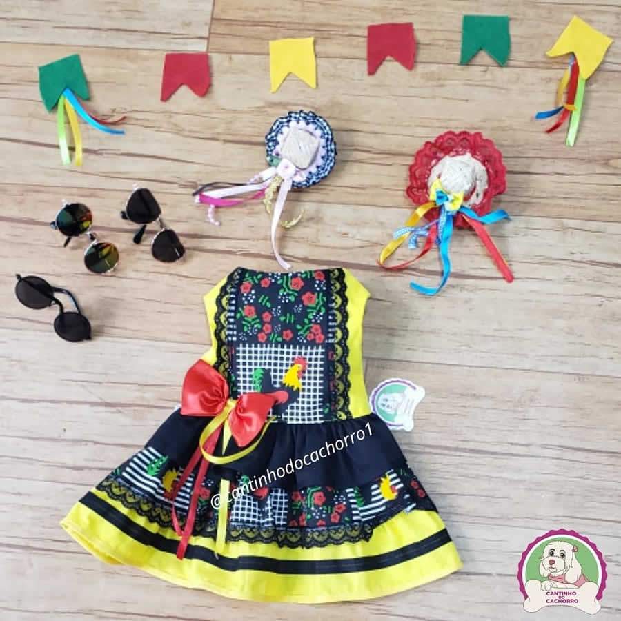 Vestido junino &eacute; op&ccedil;&atilde;o para as cadelinhas arrasarem nas festas juninas familiares ou de lives - Divulga&ccedil;&atilde;o Cantinho do Cachorro
