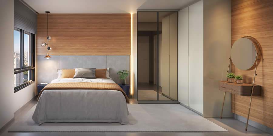 Projeção da suíte do Nest23 com rodapé embutido - Projeção - imagem meramente ilustrativa