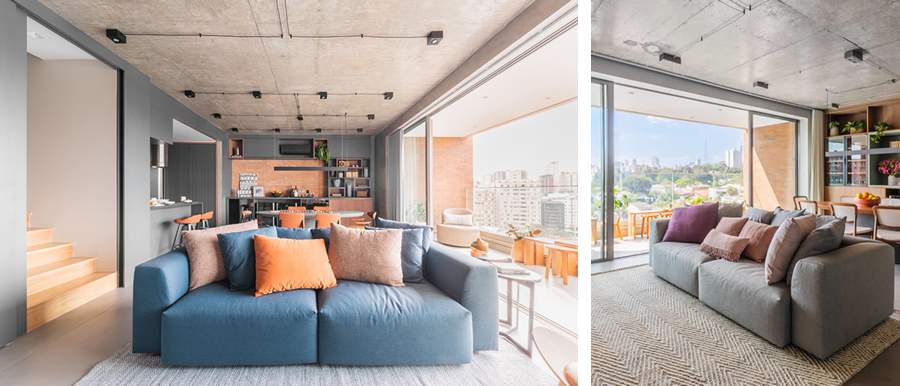 Assinados pelo arquiteto Bruno Moraes, dois apartamentos com a mesma metragem e layout, mas com cores diferentes. A seriedade &ndash; e o aconchego inexplic&aacute;vel dos tons terrosos &ndash;, toma conta do primeiro projeto, enquanto o alto astral preenche toda a &aacute;rea social do segundo projeto | Fotos: Guilherme Pucci  