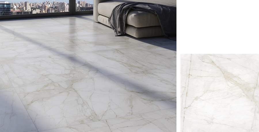 A S&eacute;rie Marmo Real, da Incepa, &eacute; inspirada no cl&aacute;ssico m&aacute;rmore italiano Calacata Oro e estampa, com fidelidade, seus veios cinzas e rajados levemente dourados. No cat&aacute;logo da marca &eacute; encontrado nas dimens&otilde;es 90 x 90 cm e 60 x 120 cm nos acabamentos polido e acetinado | Divulga&ccedil;&atilde;o: Incepa