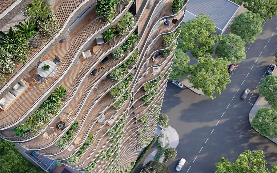 Al&eacute;m de ficar em frente &agrave; Pra&ccedil;a do Sol, o Sunna By Opus &eacute; marcado por linhas curvas e varandas com uma vegeta&ccedil;&atilde;o que pode ser mantida no local - Divulga&ccedil;&atilde;o Opus Incorporadora