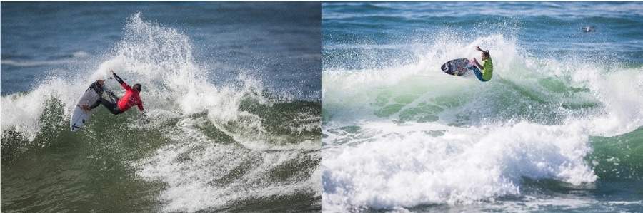 Os brasileiros Caio Ibelli (esq) e Silvana Lima se destacam no WSL Challenger Series 2021, nesta segunda-feira, em Portugal (Crédito: WSL / Damien Poullenot)