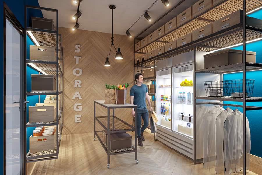 Grab and go, um espa&ccedil;o que tem sido tend&ecirc;ncia em projetos de alto padr&atilde;o, que cont&atilde;o como g&ocirc;ndolas de autoatendimento, que funcionam como um minimercado dentro do condom&iacute;nio - Divulga&ccedil;&atilde;o