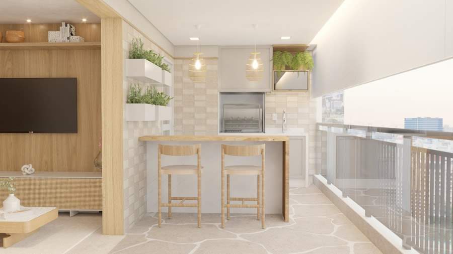 Nesta varanda, a arquiteta Rosangela Pena utilizou um corte de porcelanato chamado quartzito. Com formas org&acirc;nicas, o recorte se assemelha a pedra. | Projeto Rosangela Pena Arquitetura