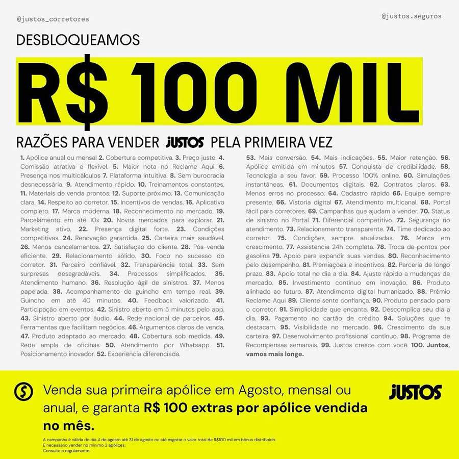 Justos vai distribuir R$ 100 mil em bônus para corretores de seguros que ainda não venderam apólices
