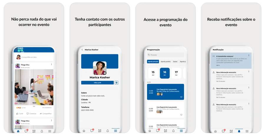 Aplicativo FIDES Rio 2023 oferece troca de mensagens entre participantes de maneira privada, timeline para compartilhamento de experi&ecirc;ncias e novas ideias, dicas de turismo, not&iacute;cias sobre o mercado segurador e informa&ccedil;&otilde;es gerais sobre o evento. - Cr&eacute;dito: divulga&ccedil;&atilde;o - CNseg