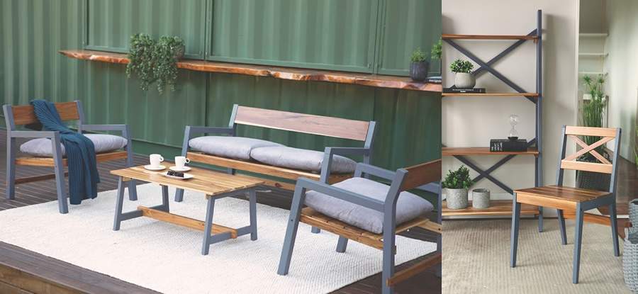 Poltronas, sof&aacute; dois lugares com mesa de centro (&agrave; esquerda); Cadeira e Estante com 4 prateleiras (&agrave; direita)