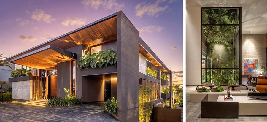 Cada vez mais, o verde &ldquo;invade&rdquo; a arquitetura e promove a integra&ccedil;&atilde;o entre os ambientes internos e externos. Na primeira imagem, as plantas envolvem a fachada e a &aacute;rea externa da resid&ecirc;ncia. Na segunda foto, um jardim de inverno leva a natureza para dentro da sala | Projeto de paisagismo: Depieri Paisagismo | Projeto de arquitetura: Denise Zuba Arquitetos | Fotos: Edgard Cesar