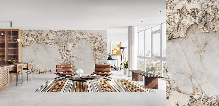 Lan&ccedil;amento 2024, a S&eacute;rie Patag&ocirc;nia da Roca Cer&aacute;mica, dispon&iacute;vel no Superformato 120 x 250 cm, tem superf&iacute;cie Mate e impress&atilde;o em alt&iacute;ssima defini&ccedil;&atilde;o com o uso da tecnologia Mineral LAB que concebe relevos com efeitos sublimes| Imagem: Divulga&ccedil;&atilde;o Roca Cer&aacute;mica