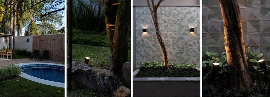 Algumas soluções de iluminação com arandelas e spots em projeto da arquiteta Gisele Bizzo, que buscam valorizar as áreas verdes / Fotos de Emerson Rodrigues