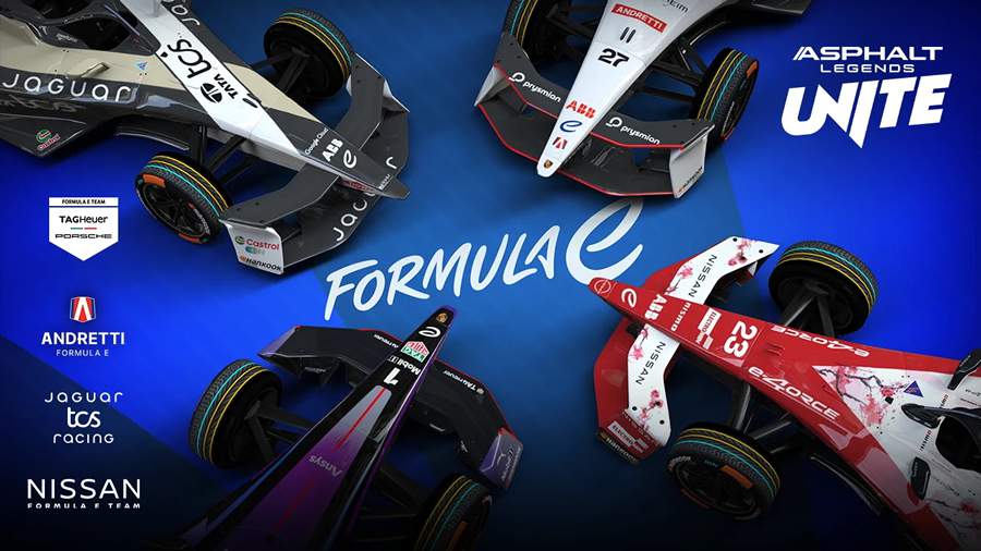  Foto promocional do pacote de atualização com carros GEN3 Evo em Asphalt Legends Unite, com pinturas das equipes Jaguar TCS, Andretti Formula E, Nissan e Tag Heuer Porsche - Gameloft/Divulgação
