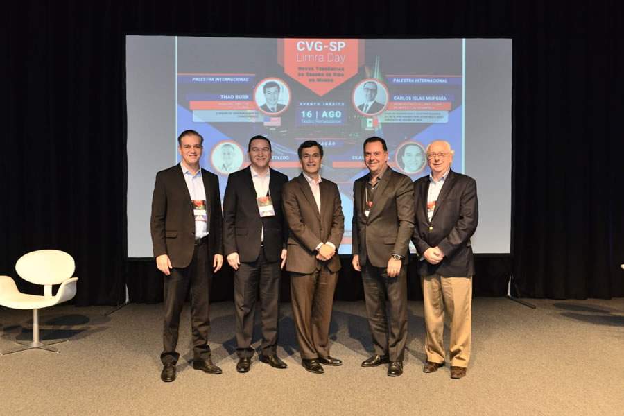 Palestrante e debatedores do painel 1: Gustavo Toledo, Silas Kasahaya, Thad Burr, Alexandre Camillo e Ronald Kaufmann