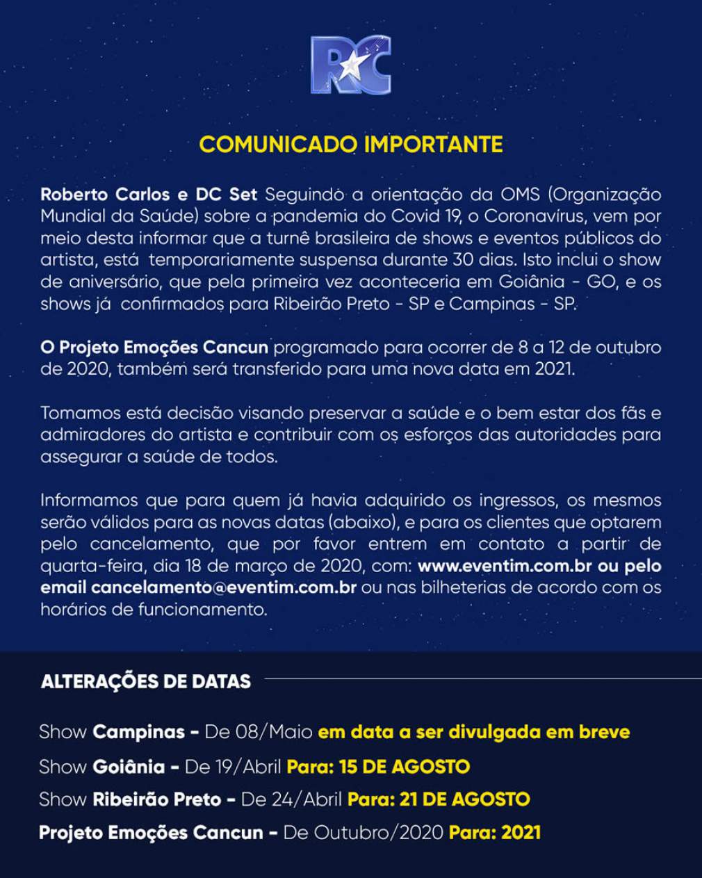 Show do Roberto Carlos em Campinas é adiado para prevenção do coronavírus