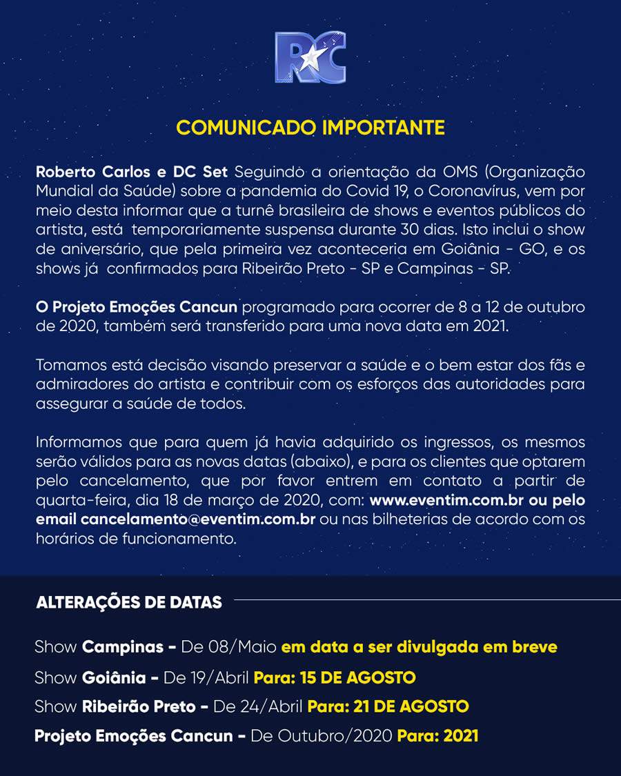 Show do Roberto Carlos em Campinas é adiado para prevenção do coronavírus