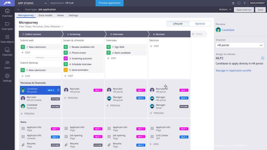 Esta captura de tela mostra a metodologia Pega Express em a&ccedil;&atilde;o no Pega App Studio, em que um cliente est&aacute; projetando uma microjornada para processar pedidos de emprego em um novo software de RH