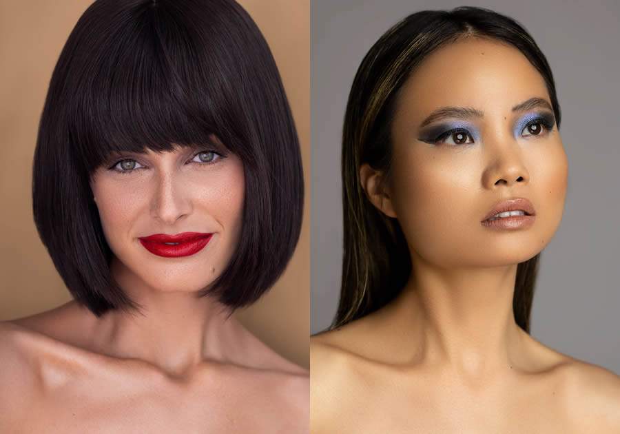 Em alta, o corte Trinity, inspirado em Matrix, combinado com sombra cinza e batom vermelho cria contraste marcante, destacando cada elemento sem sobrecarregar a maquiagem; e Na passarela de setembro da New York Fashion Week, tons como roxo, violeta, azul e cinza se destacaram. Essas cores trazem uma mistura de feminilidade expressiva com um toque clássico  - Crédito: Divulgação 