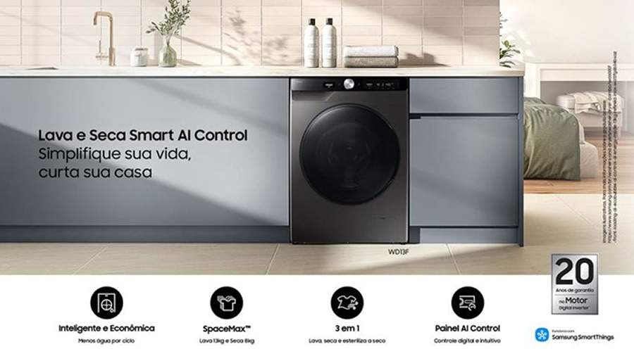Lava e Seca Smart AI Control WD13FG, da Samsung. Imagem meramente ilustrativa.