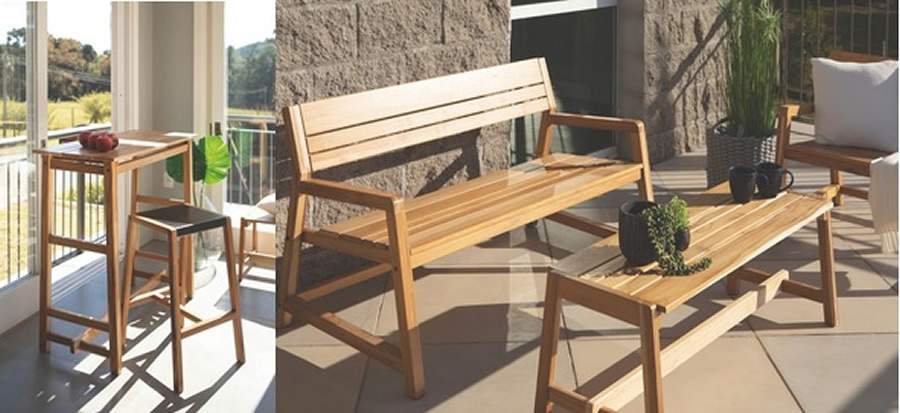 Mesa alta/aparador e banqueta alta (&agrave; esquerda) e banco com encosto e banco sem encosto/mesa de centro (&agrave; direita)