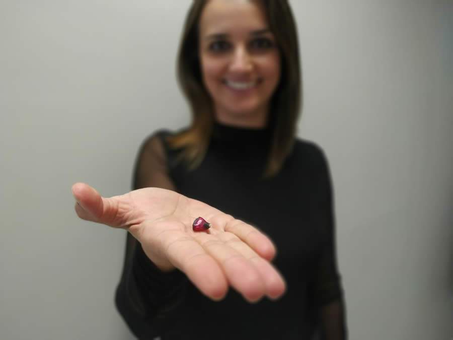 Marcia Bonetti mostrando um aparelho com a tecnologia Notch